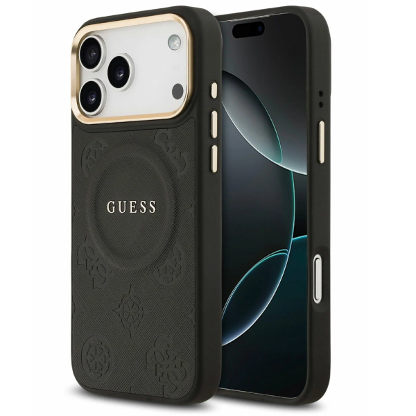 Накладка Guess 17 Pro Max PU Saffiano Peony Metal logo Cold camera Hard Black(MagSafe) 3666339519704