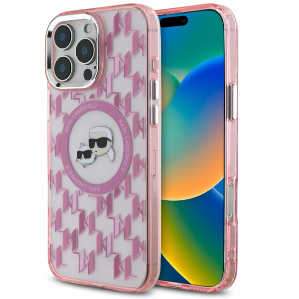 Накладка Lagerfeld 16 Pro PC/TPU Monogram Karl&Choup Metal Cam Hard Pink (MagSafe) 3666339318420
