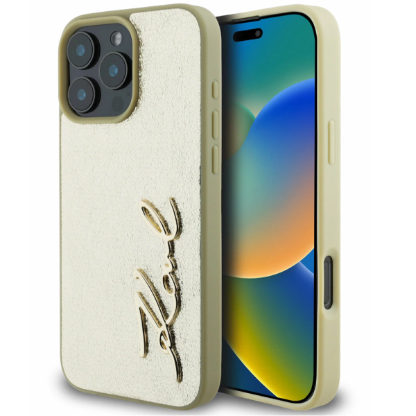 Накладка Lagerfeld 16 Pro Max RU Wrinkled Signature Metal logo Hard Gold 3666339319076