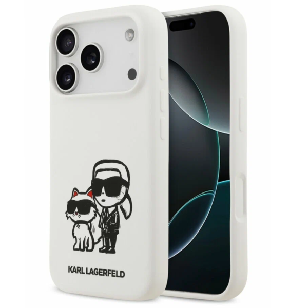 Накладка Lagerfeld 17 Pro Liquid Silicone Karl & Choup Metal cam Hard White (MagSafe) 3666339497958