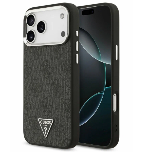 Накладка Guess 17 Pro PU 4G Triangle Metal logo Silver cam Hard Black (MagSafe)3666339517458