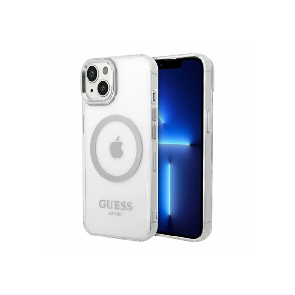 Накладка Guess 14 PC/TPU Metal outline Hard Transparent/Silver (MagSafe) 3666339069827/NL