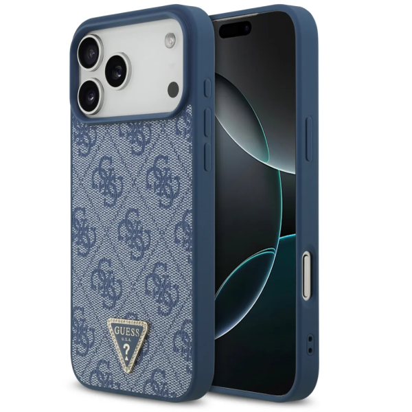 Накладка Guess 17 Pro PU 4G Triangle Diamond Metal logo Gold camera Hard Blue (MagSafe)3666339521295