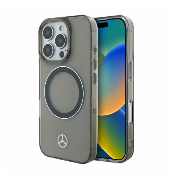 Накладка Mercedes 16 Pro PC/TRU Transparent with Silver Ring Hard Black (MagSafe) 3666339325947