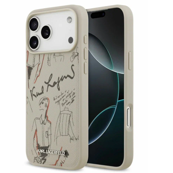 Накладка Lagerfeld 17 Pro PU Grained leather Sketch with Metal logo Hard Grey (MagSafe)3666339497316