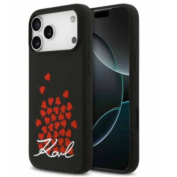 Накладка Lagerfeld 17 Pro Liquid Silicone Hearts Hard Black (MagSafe) 3666339497477