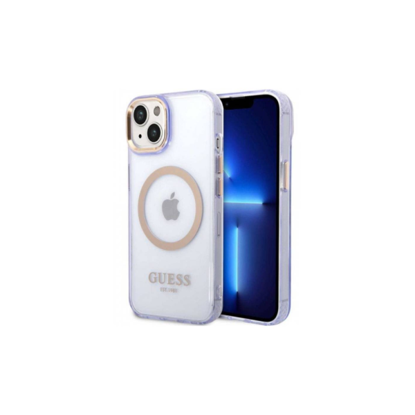 Накладка Guess 14 PC/TPU Metal outline Hard Translucent Purple/Gold (MagSafe) 3666339069544/NL
