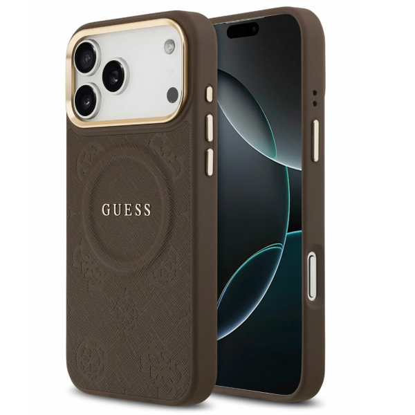Накладка Guess 17 Pro Max PU Saffiano Peony Metal logo Cold camera Hard Brown(MagSafe) 3666339520021