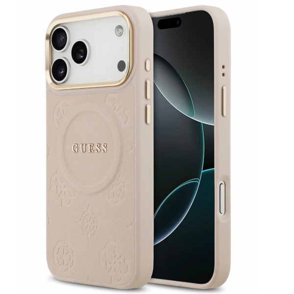 Накладка Guess 17 Pro Max PU Saffiano Peony Metal logo Cold camera Hard Pink (MagSafe) 3666339519865