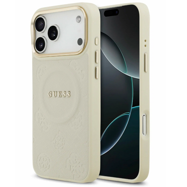 Накладка Guess 17 Pro Max PU Saffiano Peony Metal logo Cold camera Hard Beig (MagSafe) 3666339520182