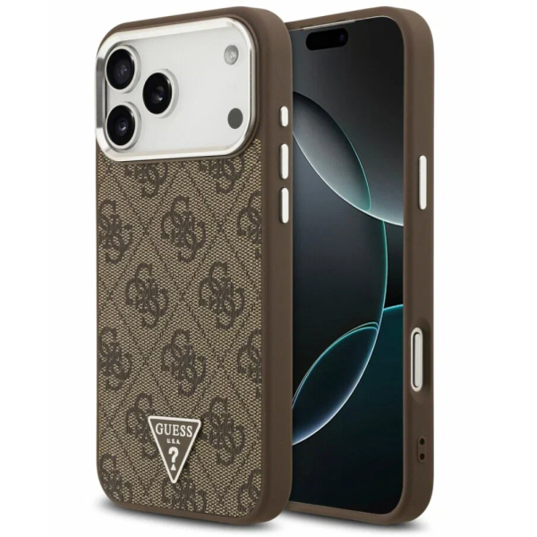 Накладка Guess 17 Pro PU 4G Triangle Metal logo Silver cam Hard Brown(MagSafe) 3666339517618