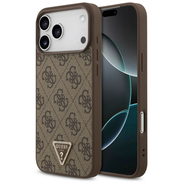 Накладка Guess 17 Pro PU 4G Triangle Diamond metal logo Gold camera Hard Brown(MagSafe)3666339521134
