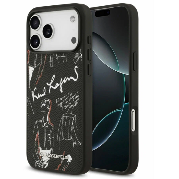 Накладка Lagerfeld 17 Pro PU Grained leather Sketch with Metal logo Hard Black(MagSafe)3666339497279