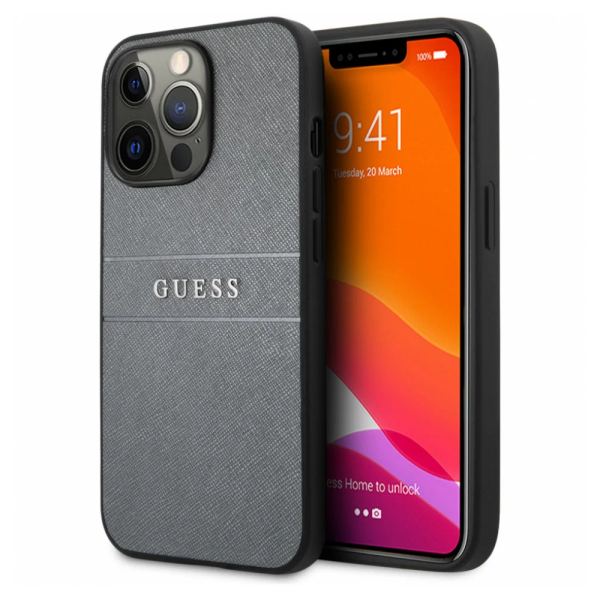 Накладка Guess 13 Pro PU Saffiano with metal logo Hard Grey 3666339023577/NL