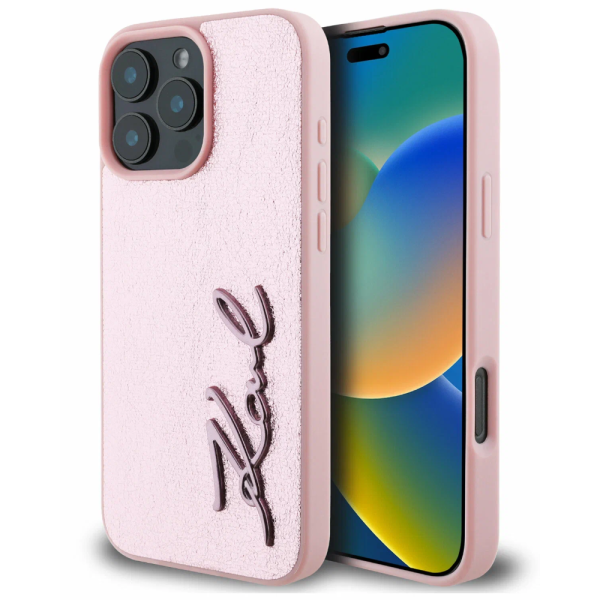 Накладка Lagerfeld 16 Pro Max RU Wrinkled Signature Metal logo Hard Pink 3666339319113